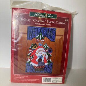 Vintage Janlynn Holiday Friends Canvas Birdhouse Santa Yarn Kit 10 x 17" Finishe
